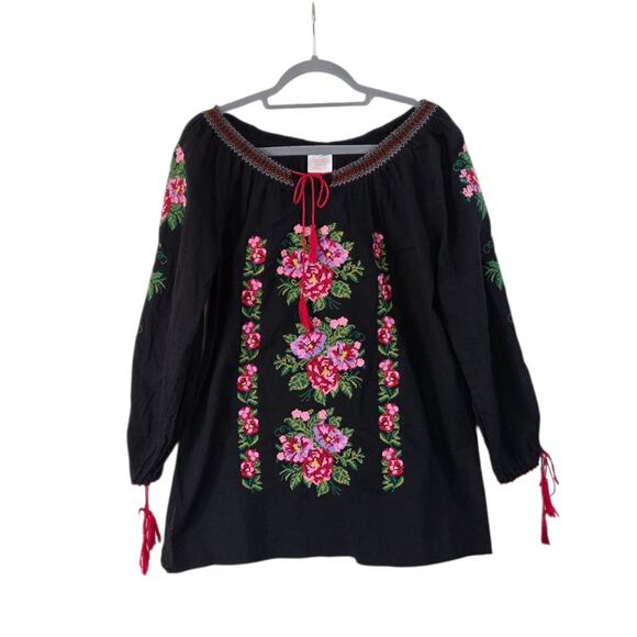 Royal Moda Black Cross-Stitch Floral Embroidered Boho Peasant Blouse, Size Large - Picture 1 of 11